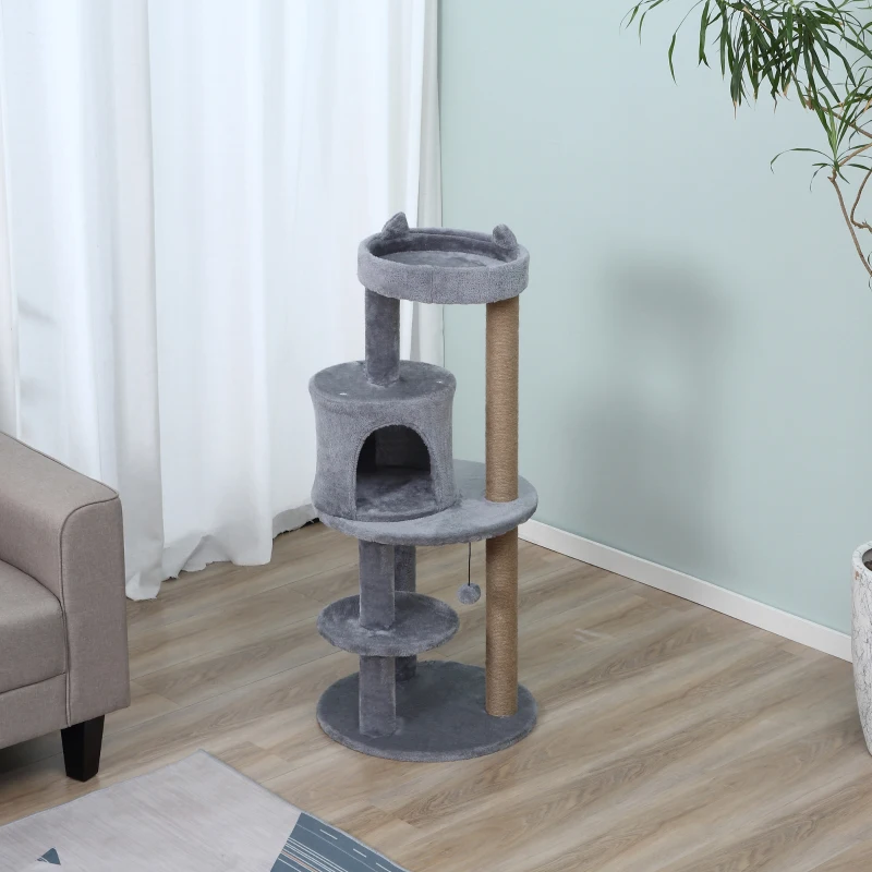 PawHut Arbre à chats multi-équipements griffoirs grattoirs plateformes niche jeu boule suspendue Ø 48 x 104H cm gris