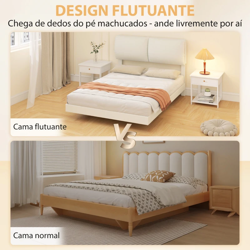 HOMCOM Cama de Casal 135x190 cm Estrado com Cabeceira Acolchoada Efeito Flutuante Estrutura Metálica Bege