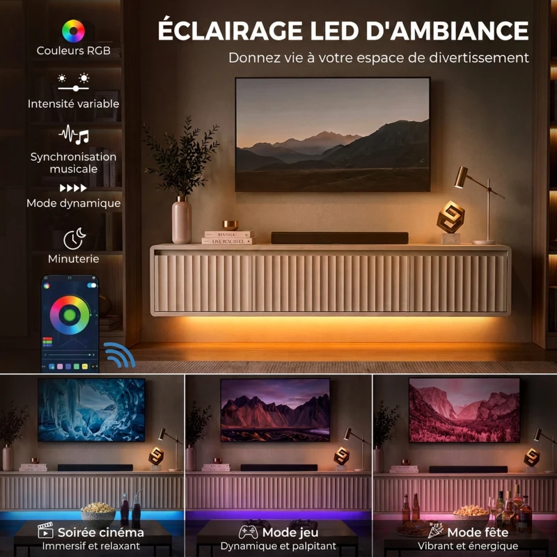 HOMCOM Meuble TV Suspendu Flottant 120 cm avec Éclairage LED et Prises, Meuble Télé pour Téléviseur 65 Pouces, Blanc