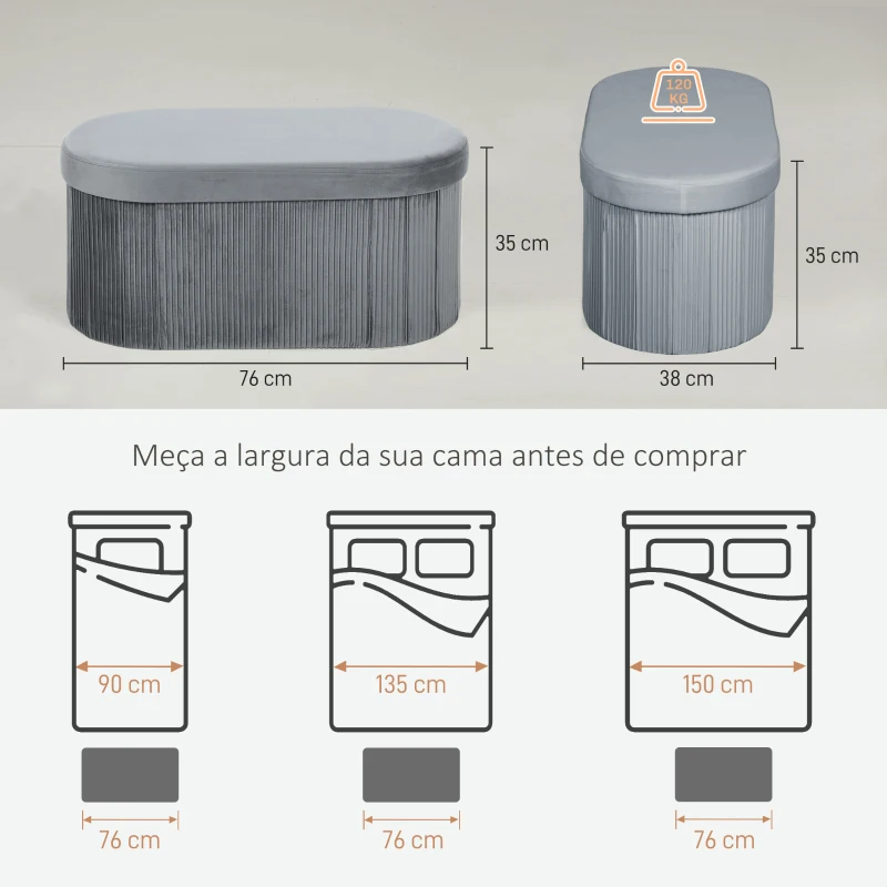 HOMCOM Puff de Arrumação 72 L 76x38x35 cm Estofado em Veludo Baú de Arrumação Suporta 120 kg Cinzento Escuro