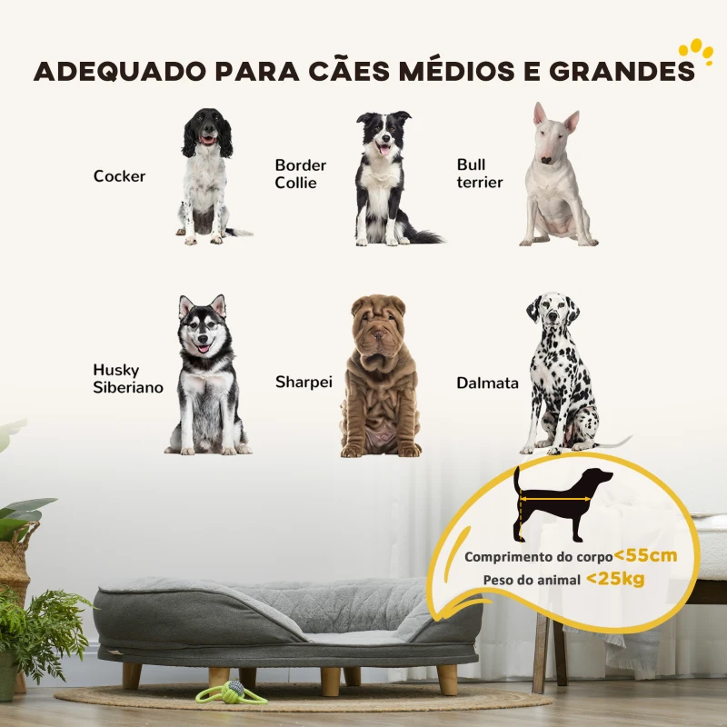 PawHut Sofá para Cães Médios e Grandes Sofá para Animais de Estimação Capa Lavável e Pés de Madeira Carga 25 kg 90x78x25 cm Cinza