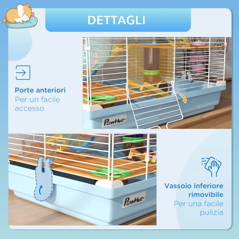 PawHut Gabbia per Criceti a 5 Livelli con Tubi, Ruota, Scale, Casetta e Bottiglia, in Metallo, PP e PS, 46x30x58 cm