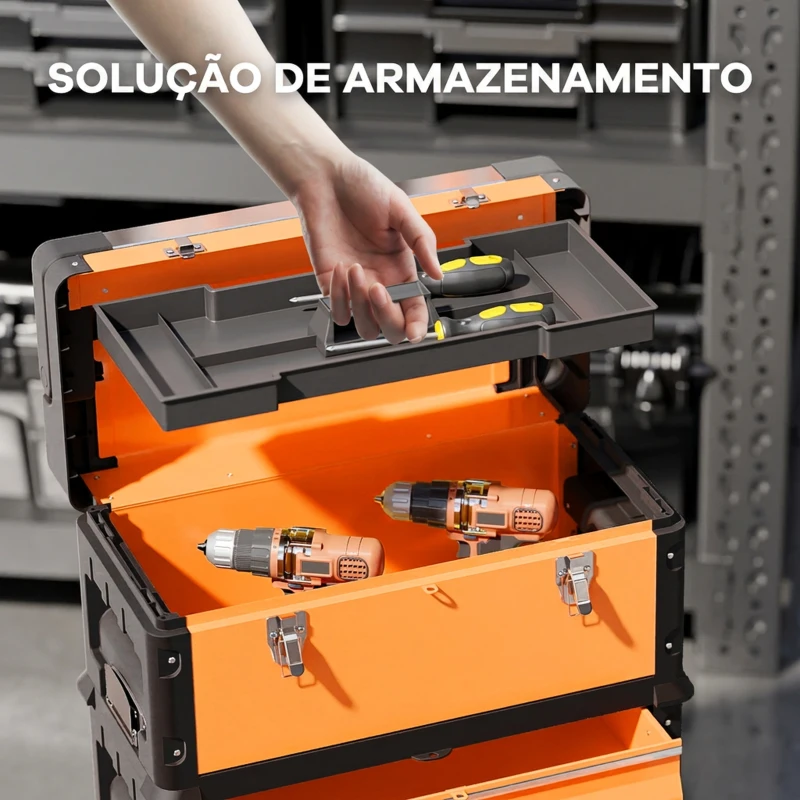 HOMCOM Caixa de Ferramentas com Rodas Empilhável em Aço com Bandeja e Pega Telescópica Laranja e Preto