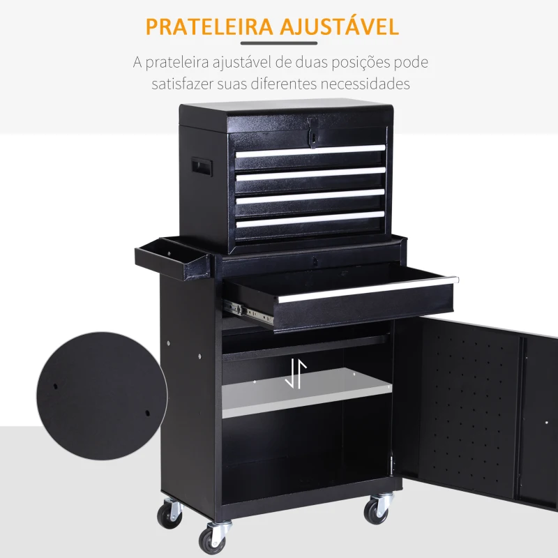 DURHAND Carro de Ferramentas com Rodas Carro de Ferramentas Móvel com 5 Gavetas Armário de Armazenamento e Almofada Antiderrapante Carga 52kg para Garagem 60x28x104,5cm Preto