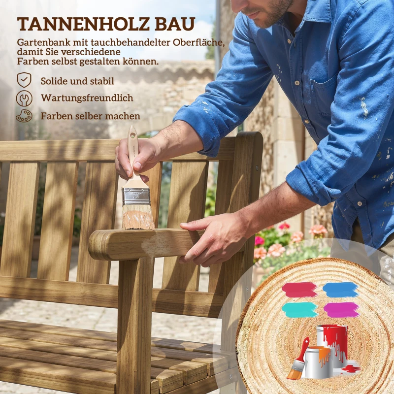 Outsunny Gartenbank 3-Sitzer Wetterfest Holzbank mit Rückenlehne Armlehnen, Holz Sitzbank 360 kg belastbar Teak