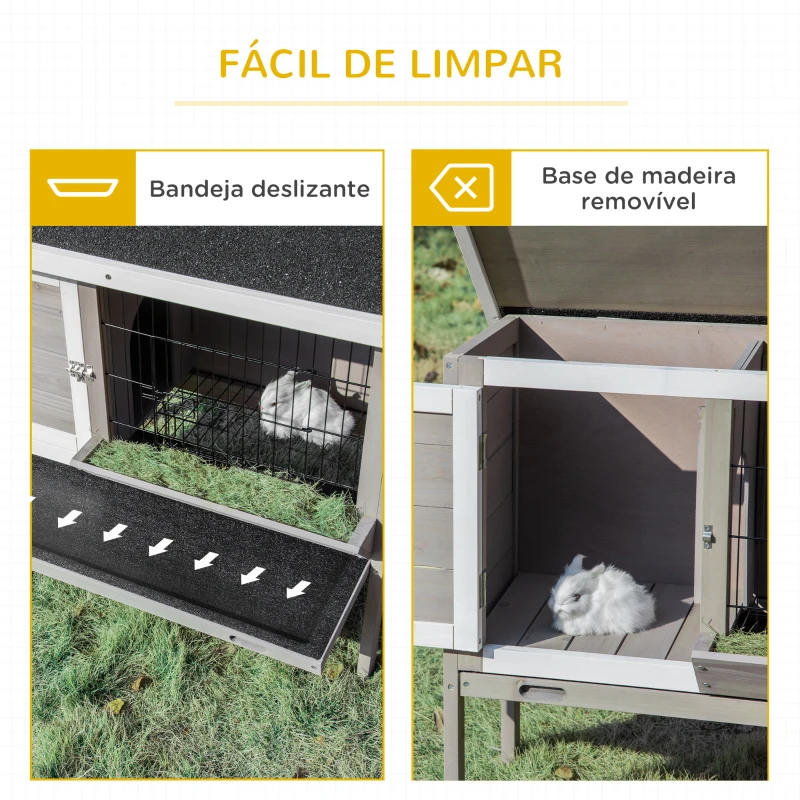 PawHut Coelheira de Madeira Exterior Gaiola Elevada para Coelhos Cobaias Animais Pequenos com Teto Asfáltico Abatível Comedouro Bandejas Removíveis e 2 Portas 91x46x71cm Cinza