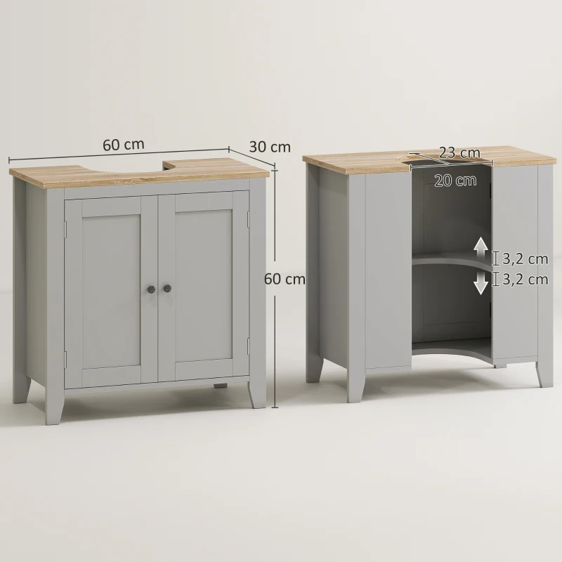 kleankin Móvel para Lavatório Pousar com 2 Portas e Prateleira Ajustável Estilo Moderno 60x30x60 cm Cinza  e Madeira