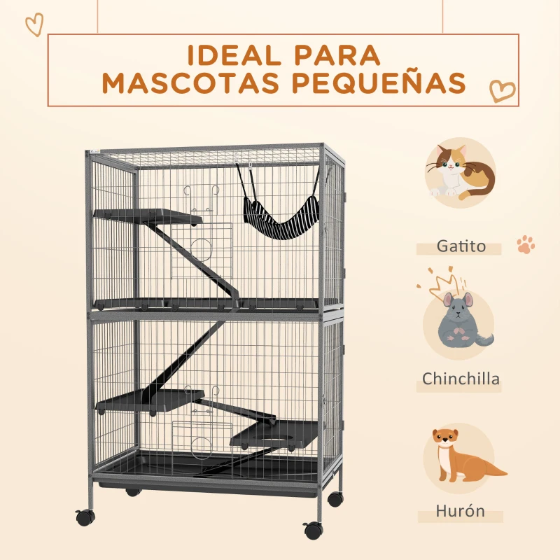 PawHut Jaula para Animales Pequeños con Ruedas Rampas Hamaca y Bandeja Extraíble para Chinchillas Hurones 80x52x128 cm Gris