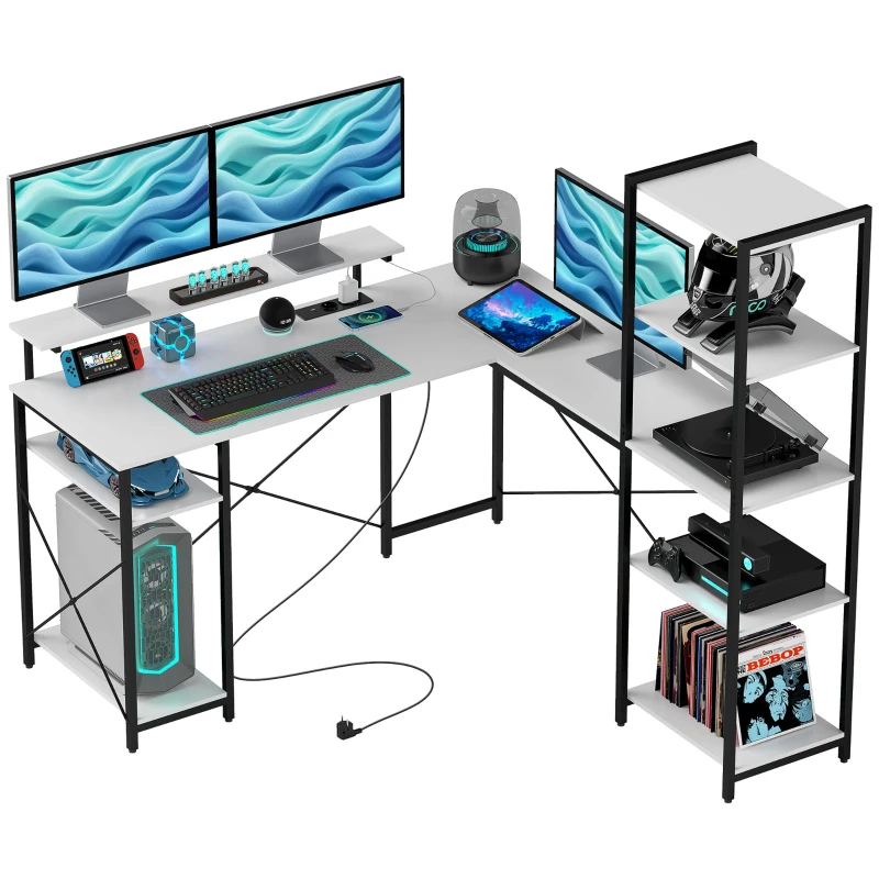 HOMCOM Birou Colțar cu Prize Electrice și USB, Raft și Suport pentru Monitor, Alb și Negru