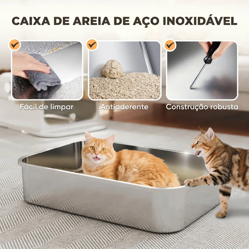 PawHut Caixa de Areia para Gatos XXL em Aço Inoxidável com Tampa Basculante, Laterais Altas e Entrada Superior - Branco
