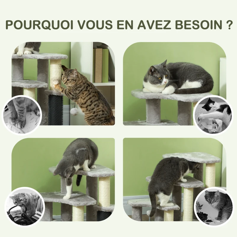 PawHut Arbre à chat tour à griffer hauteur de 50 cm avec plates-formes en peluche balles pour chat de moins de 5 kg gris clair