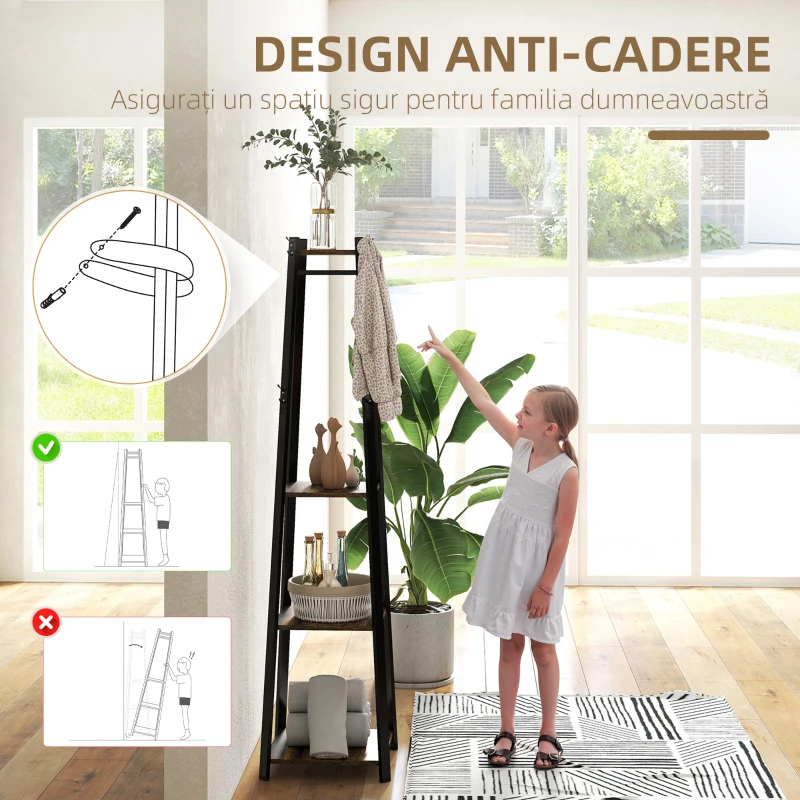 HOMCOM Cuier de podea cu 8 cârlige, 3 rafturi și poliță superioară, 42x42x170 cm, maro