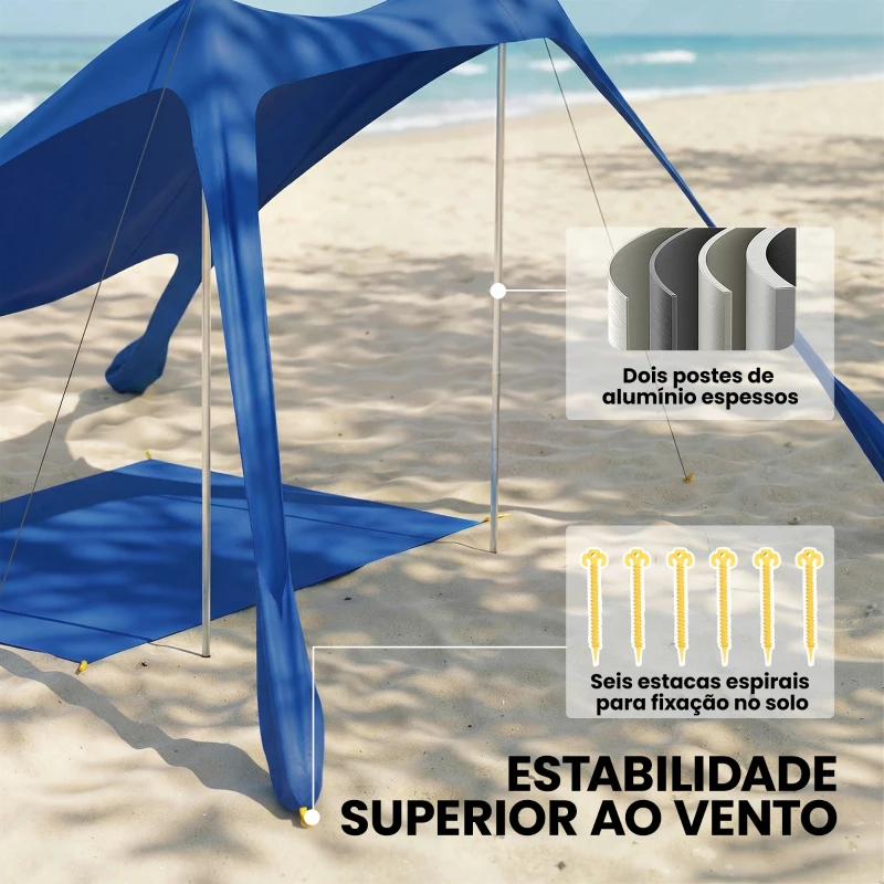 Outsunny Tenda de Praia Dobrável com Esteira UPF50+ Postes de Alumínio Pá Estacas e Bolsa de Transporte 208x200 cm Azul