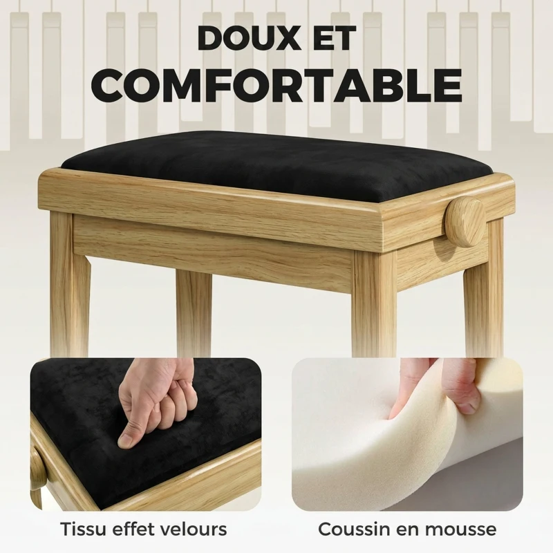 HOMCOM Banc de Piano, Tabouret Piano Réglable en Hauteur 45-56 cm, Banc de Clavier, Siège Rembourré en Velours, Bois Naturel