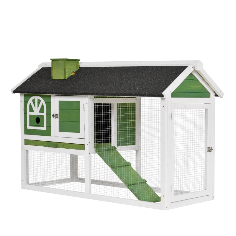 PawHut Coelheira de Madeira 120x60x79 cm Coelheira com Teto Asfáltico Bandeja Removível Escada e Chaminé para Exterior Verde
