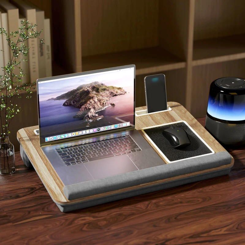 HOMCOM Suport pentru Laptop de 15.6" cu Suport Mouse și Pernă pentru Încheieturi, Slot pentru Tabletă și Smartphone, Stejar