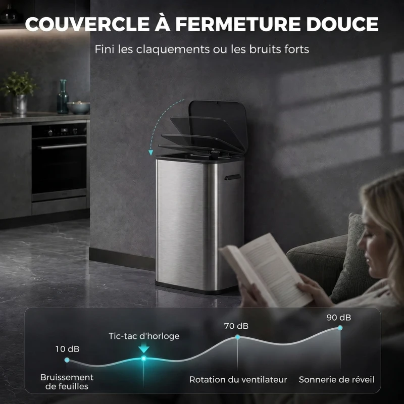 HOMCOM Poubelle de Cuisine Automatique 55L en Acier Inoxydable, Couvercle à Fermeture en Douceur, Fonctionne sur Piles, Argent