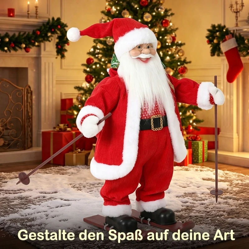 HOMCOM Singender Ski-Weihnachtsmann, 66 cm, animierte stehende Weihnachtsfigur mit Skiern, Geschenkesack und Geräusch-/Berührungsaktivierung