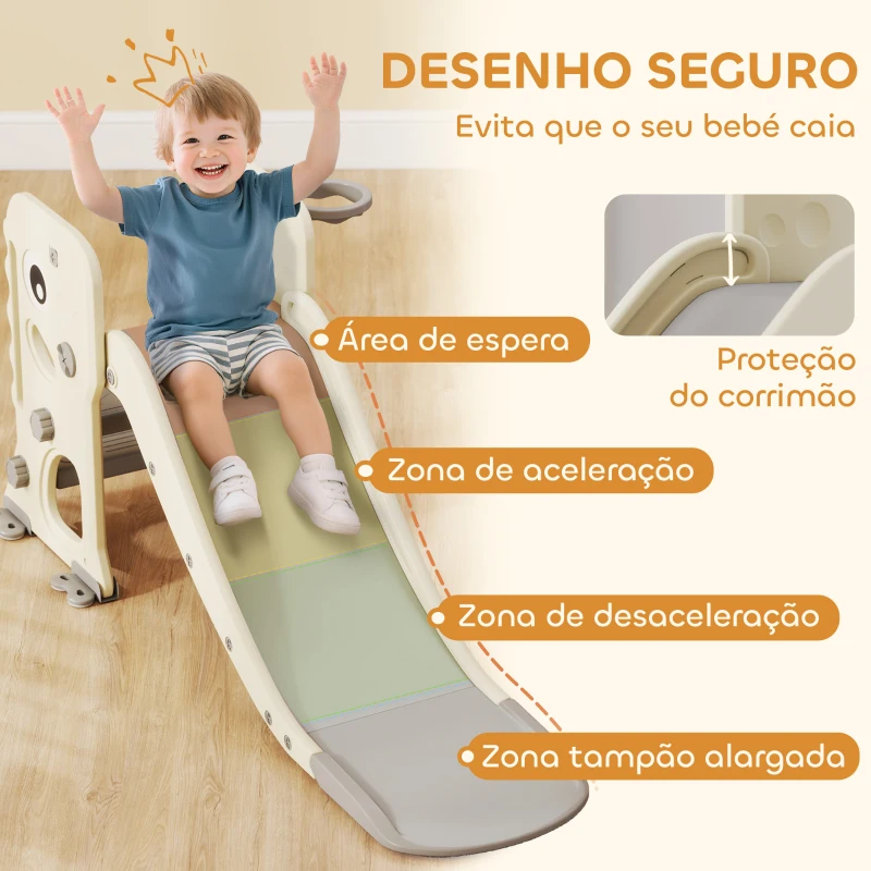 AIYAPLAY Escorrega Infantil 3 em 1 Dobrável com Escada Cesto de Basquetebol e Desenho de Dinossauro 146x52x65 cm Creme e Cinza