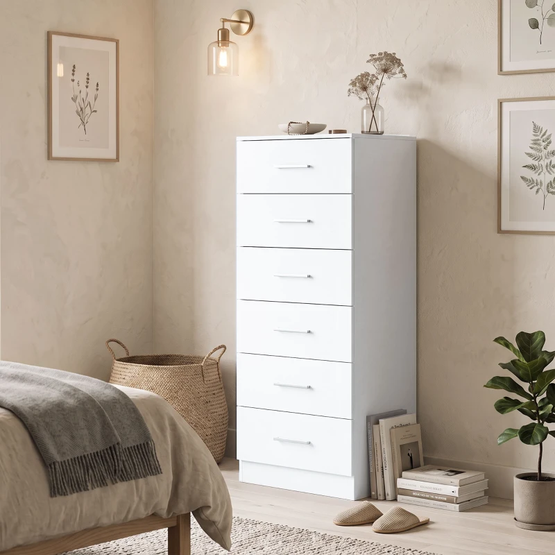 HOMCOM Cómoda de 6 Gavetas Alta para Quarto com Sistema Antitombo 40x40x110 cm Cinzento Claro e Branco