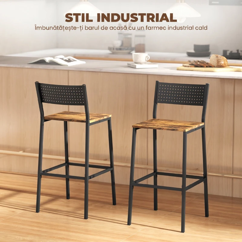 HOMCOM Set 2 Scaune de Bar cu Spătar și Suport pentru Picioare Integrat în Stil Industrial, Maro Rustic