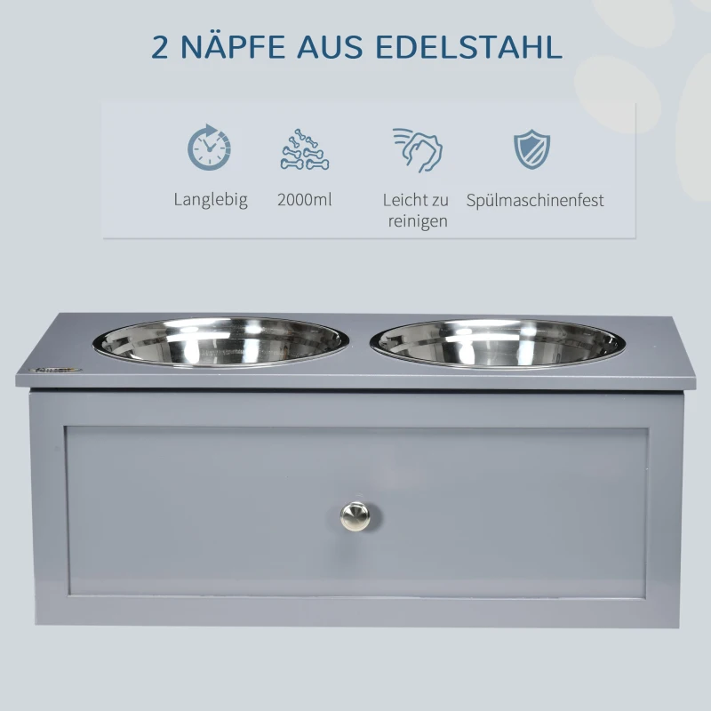 PawHut Futterstation, 2 Fressnäpfe je 2 Liter, Edelstahl, mit Schublade, für mittlere Hunde, grau, 60 x 30 x 24cm