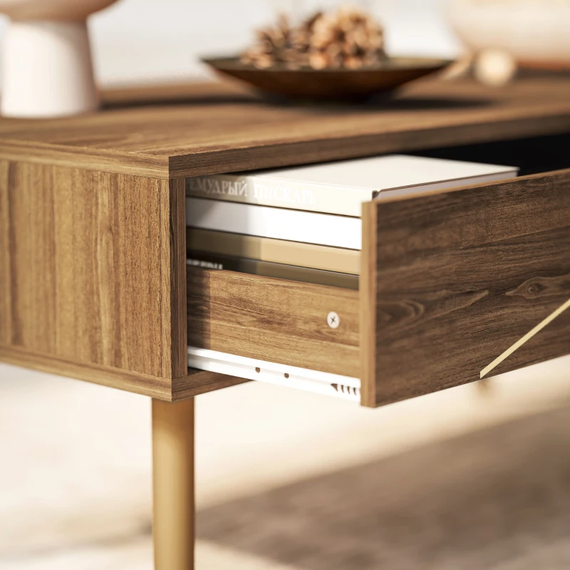 HOMCOM Mesa de Centro Mesa Auxiliar para Sala de Estar com 2 Gavetas e Pés de Aço para Dormitório Sala de Estar 100x50x41 cm Marrom