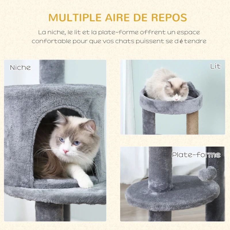 PawHut Arbre à chats multi-équipements griffoirs grattoirs plateformes niche jeu boule suspendue Ø 48 x 104H cm gris