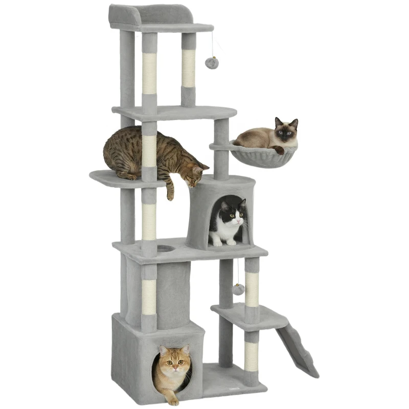 PawHut Arbre à chat tour de jeux 7 poteaux à griffer 3 platesformes 2 niches tunnel hamac et 2 pompons 170 cm gris foncé
