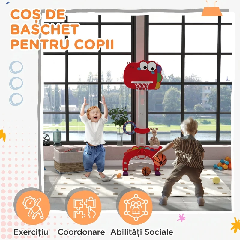 AIYAPLAY Coș de baschet pentru copii 5 în 1 cu înălțime reglabilă, poartă de fotbal și golf, vârsta 3-6 ani, roșu