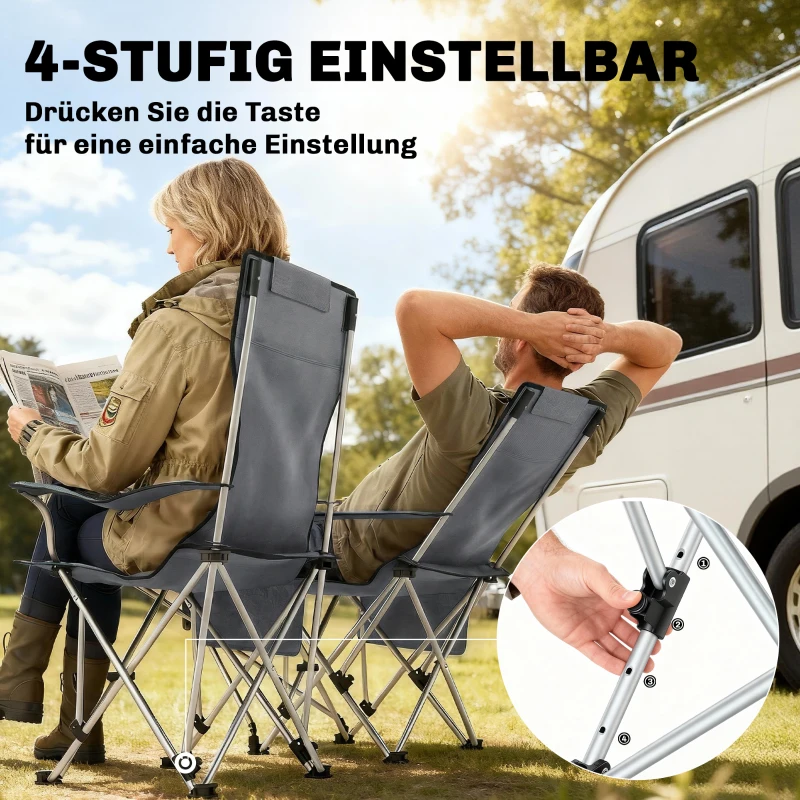 Outsunny 2er Set Campingstuhl faltbar Angelstuhl mit abnehmbar Fußstütze Getränkehalter belastbar 120 kg Grau