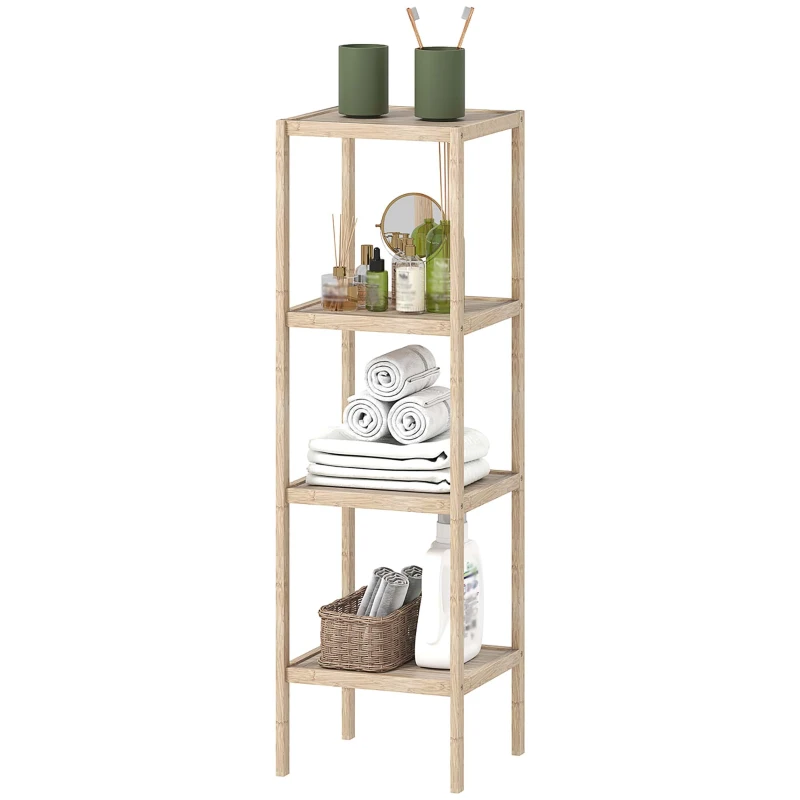 HOMCOM Dulap de baie modern cu 4 niveluri și sistem anti-răsturnare din bambus, 33x31x110 cm, culoare lemn