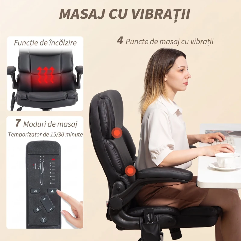 HOMCOM Fotoliu de birou cu masaj în 4 puncte, funcție de încălzire și brațe rabatabile, negru
