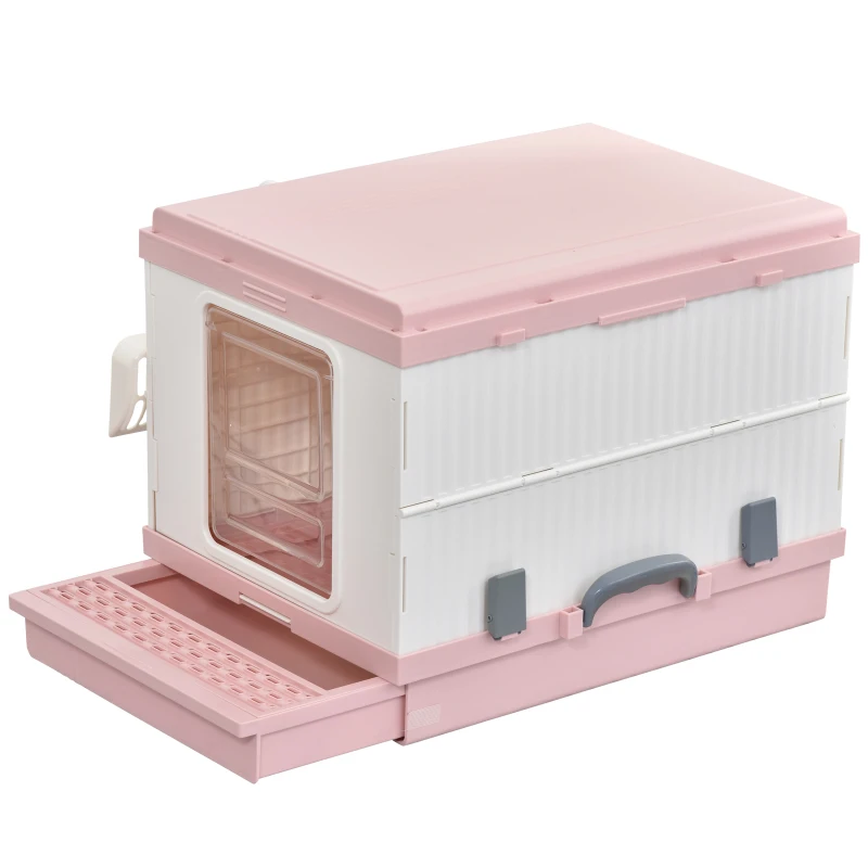 PawHut Caja de Arena para Gatos Plegable Arenero Portátil Aseo Quita Mal Olor con Manija Puerta Orificio de Ventilación Bandeja Material ABS 54x43x42 cm Blanco y Rosa