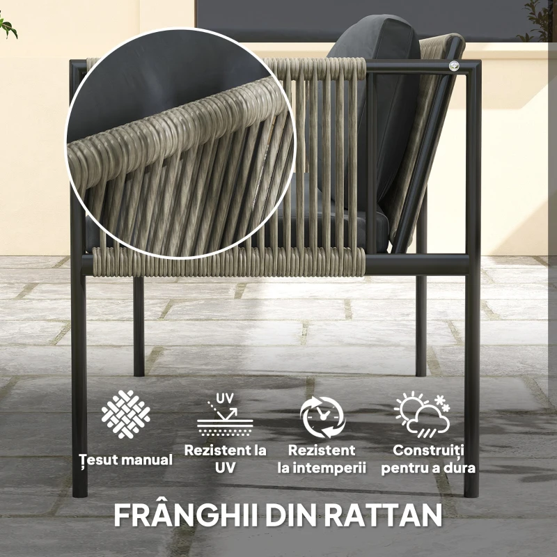 Outsunny Set Mobilier de Grădină din Ratan cu 2 Fotolii, Canapea cu 2 Locuri și Măsuță de Cafea din Sticlă, Gri