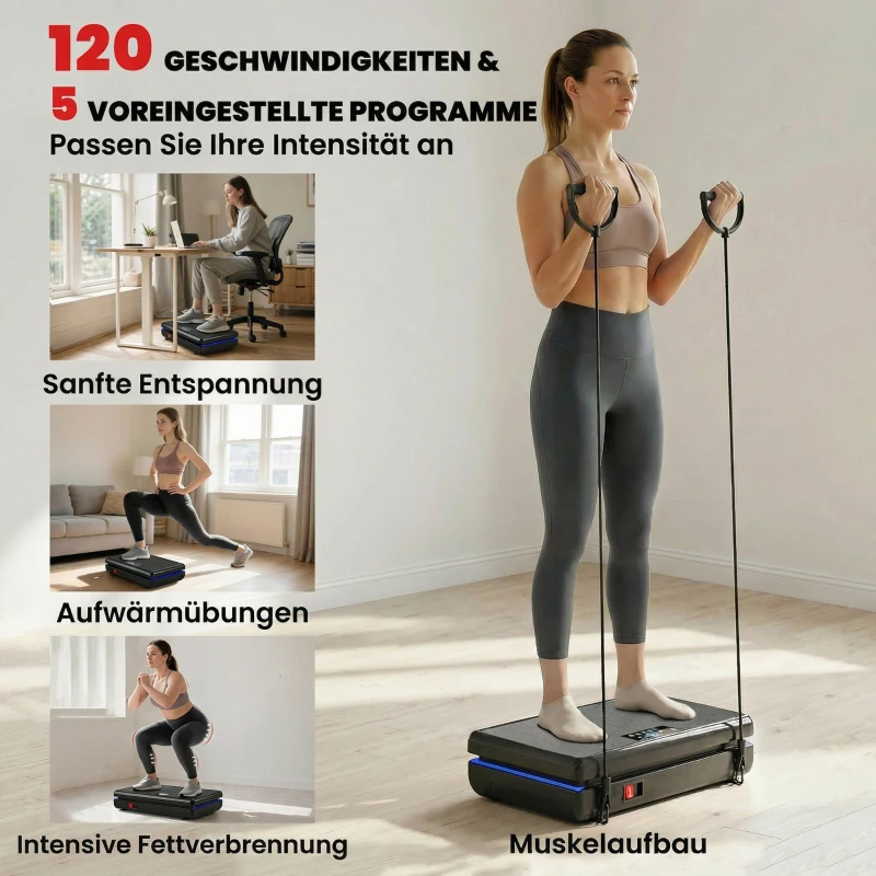 SPORTNOW Vibrationsplatte Rüttelplatte mit 120 Intensitätsstufen 5 Vorprogramm LED-Lichtern Widerstandsbänder Rutschfest