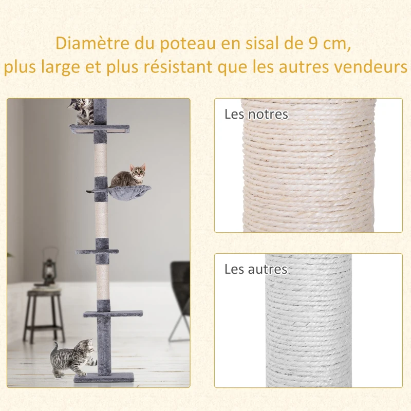 PawHut Arbre chat du sol au plafond poteau à griffer L40 x l 34 x H 230-260 cm 5 niveaux d'activités gris