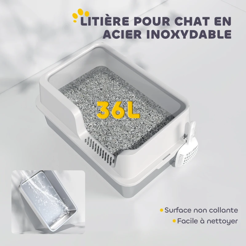PawHut Litière pour chat, bac à litière en acier inoxydable avec côtés hauts pelle nettoyage facile 60 x 40 x 28 cm gris clair