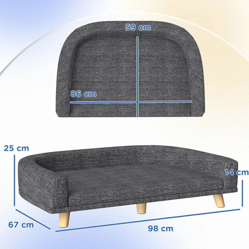 PawHut Sofá para Cães Cama Elevada para Cães Estofada com Almofada Lavável e Pés de Madeira de Pinho 98x67x25 cm Cinza Escuro