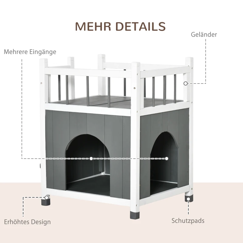PawHut Katzenhaus mit Balkon Katzenhütte Lodge Outdoor Winterfest Massivholz Grau+Weiß 60 x 46 x 65 cm