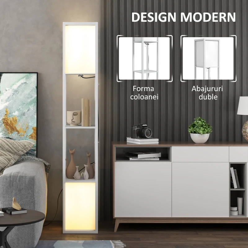 HOMCOM Lampă de podea modernă cu 2 abajururi și 2 rafturi pentru becuri E27, putere max. 40W, 26x26x156 cm, alb