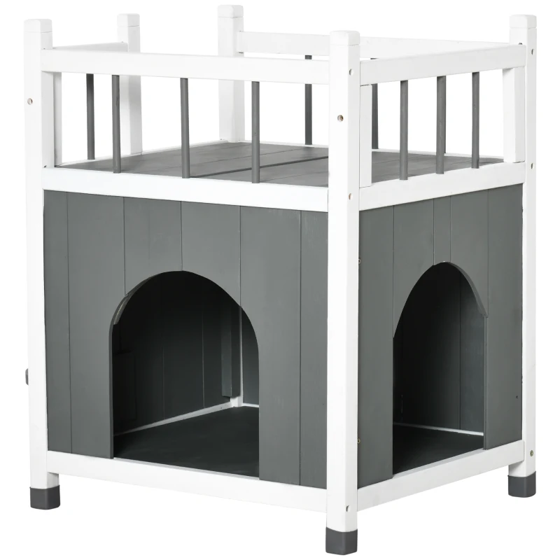 PawHut Katzenhaus mit Balkon Katzenhütte Lodge Outdoor Winterfest Massivholz Grau+Weiß 60 x 46 x 65 cm