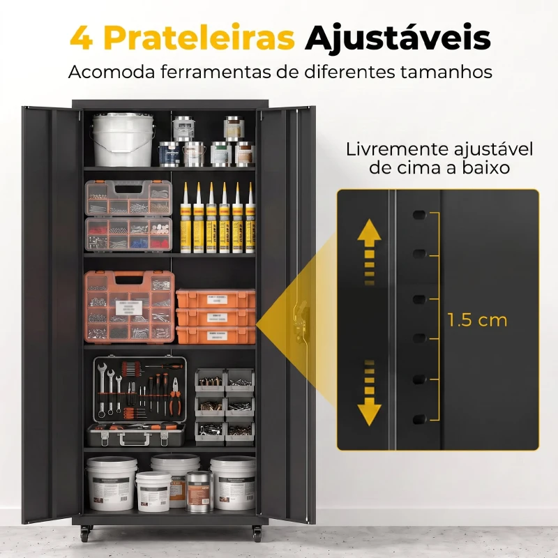HOMCOM Armário de Ferramentas em Aço 180 cm com Rodas Amovíveis, Prateleiras Ajustáveis e Carga 250 kg para Garagem, Preto
