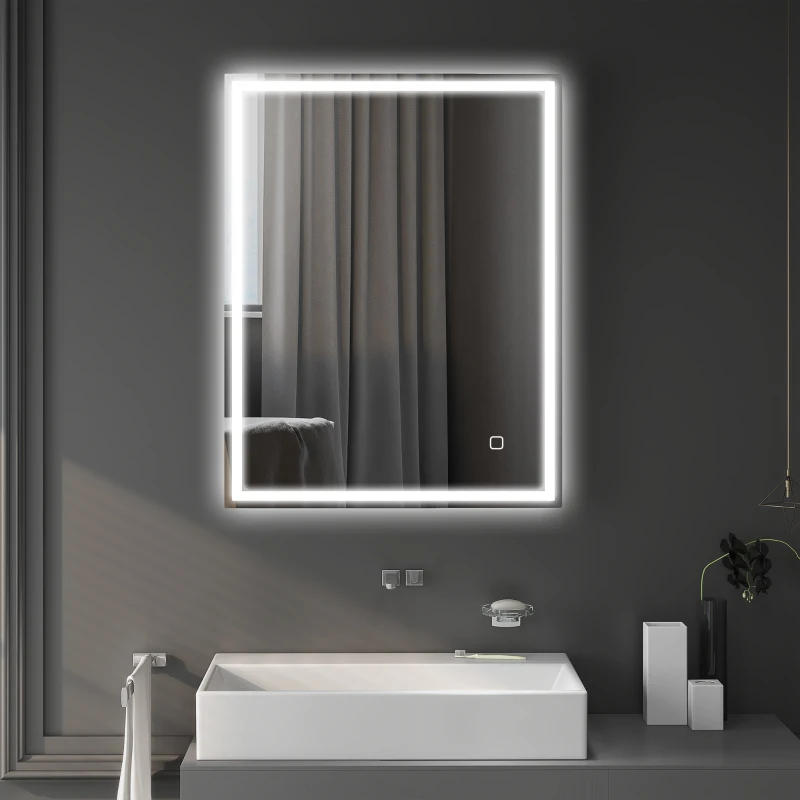 HOMCOM Badspiegel mit Beleuchtung 90x70 cm LED Spiegel Wandspiegel mit Memory-Funktion 3 Lichtfarben Silber