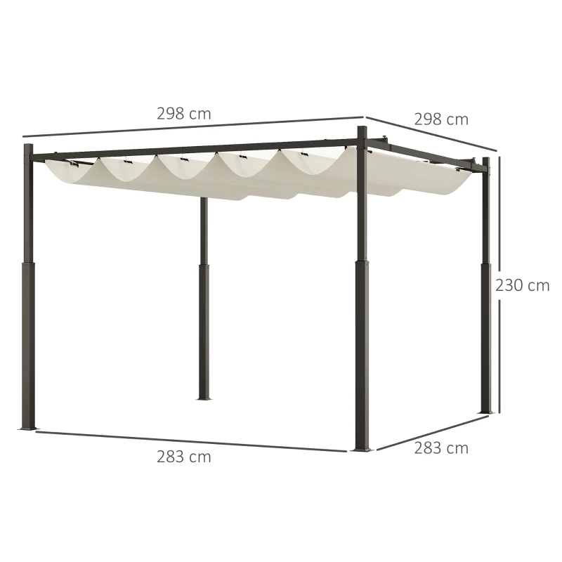 Outsunny Gazebo Pergola 3x3 m cu Acoperiș Retractabil, 8 Șuruburi și 8 Țăruși, din Poliester 180g și Metal, Alb Crem(m-3)