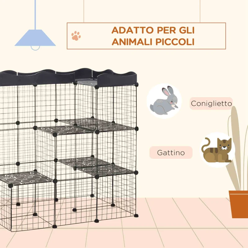 PawHut Recinto per Animali Domestici Modulabile e Multilivello con Rampa e 2 Porte in Acciaio e PP, 105x70x116 cm, Nero