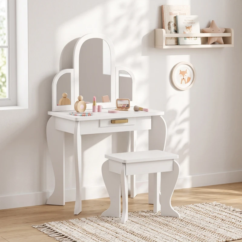 HOMCOM Toucador para Crianças com Espelho e Banco Toucador de Maquilhagem para Crianças de 3 a 6 Anos 52x32x85 cm Branco