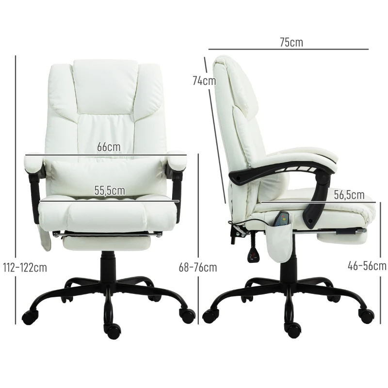 Vinsetto Cadeira de Escritório com Massagem de 6 Pontos Encosto Alto Reclinável Apoio para Pés e Controlo Remoto 66x75x112-122 cm Branco