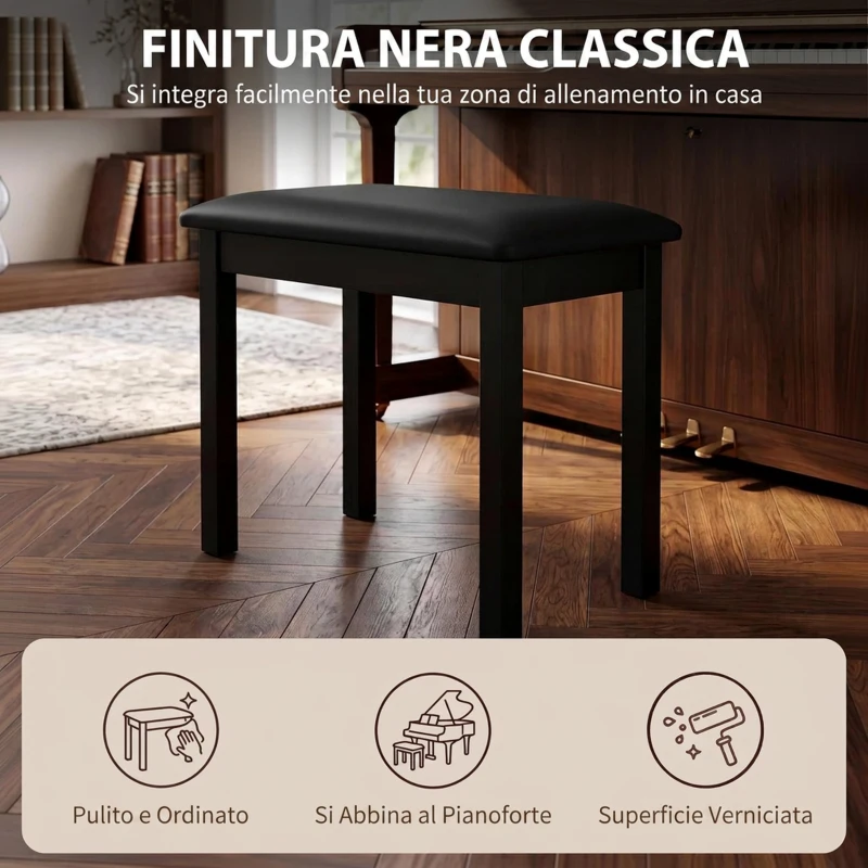 HOMCOM Sgabello per Pianoforte con Gambe in Legno di Caucciù, Seduta Imbottita, Rivestimento in Finta Pelle PU, Nero