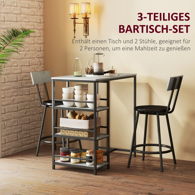 HOMCOM 3-teiliges Ess-Set mit Bartisch und 2 Stühlen, Kleines Küchenset mit seitlichen Regalen, MDF, Metall, Schwarz